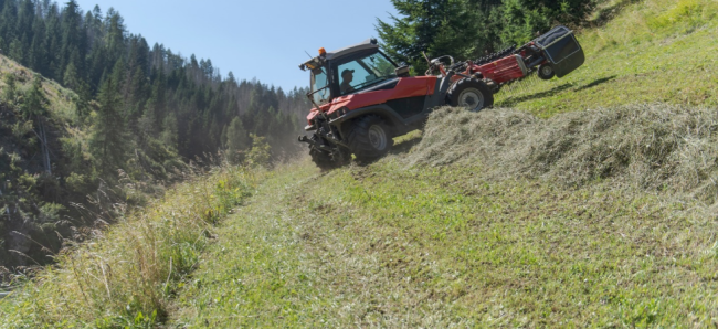 Paolo Degasper mentre sfalcia l'erba su pendii in forte pendenza nel territorio montano di Livinallongo del Col di Lana (Belluno)